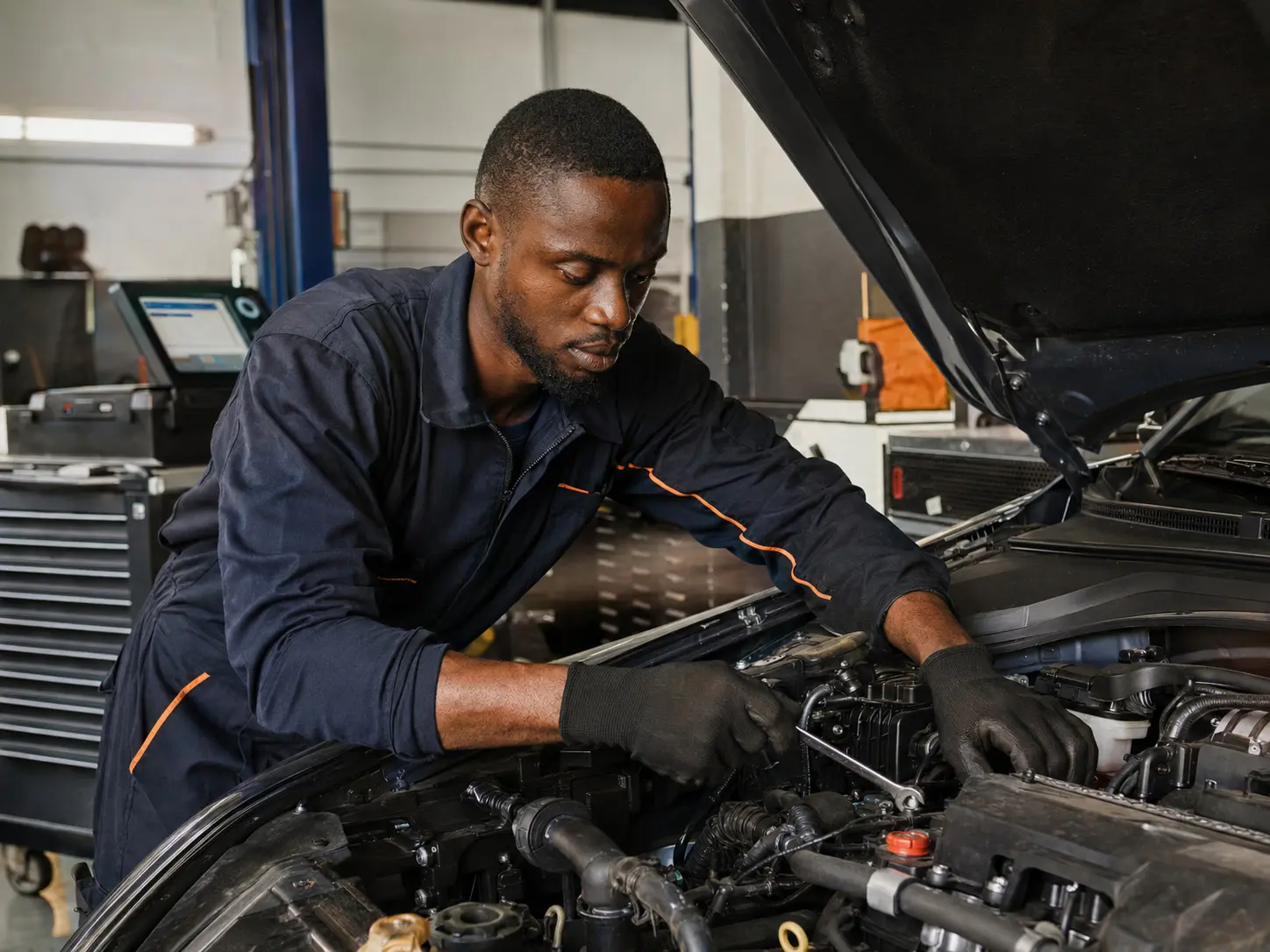 Technicien Nabaya travaillant sur un moteur en atelier